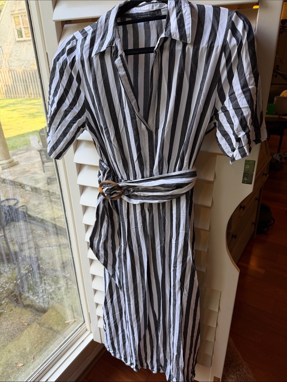 T Tahari Chambray and White Striped Midi Wrap Dress with Belt